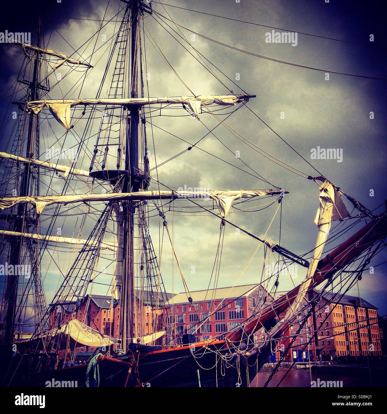 Sailing ship in Gloucester Docks, Gloucestershire, England, UK - Smartphone Captured Stock Image