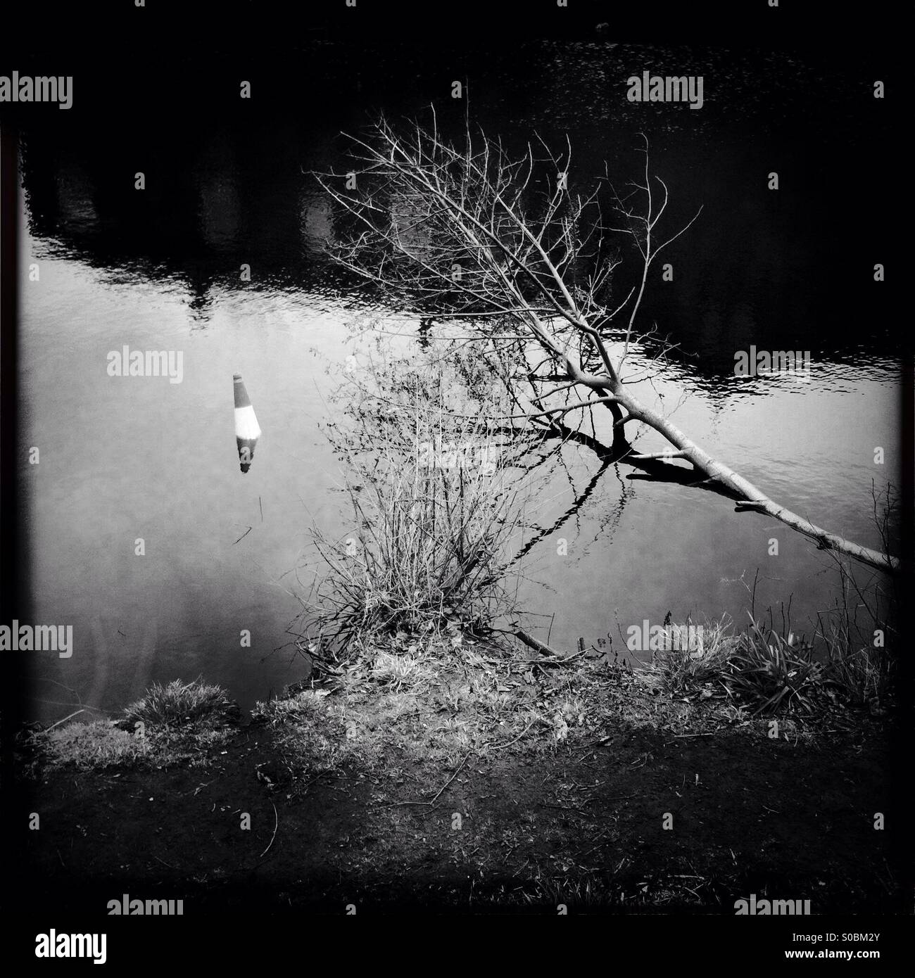 Traffic cone in Grim urban river - Smartphone Captured Stock Image