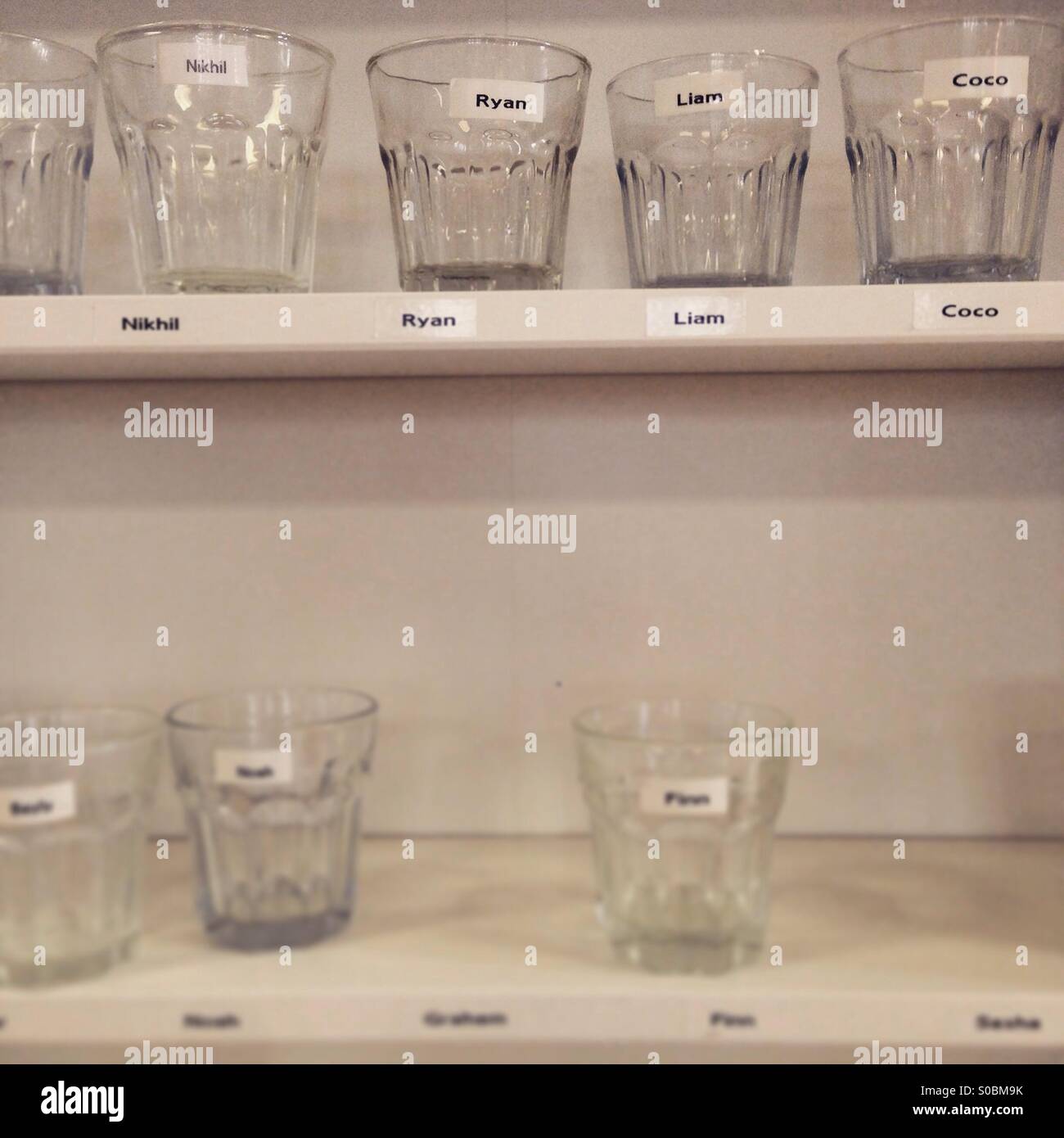 Water glasses at pre school labeled with names so that they can be
