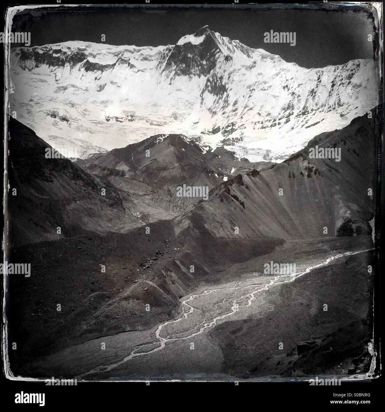 Marsyangdi River, moraines and the mountains of the Grand Barrier, Annapurna, Nepal - Smartphone Captured Stock Image