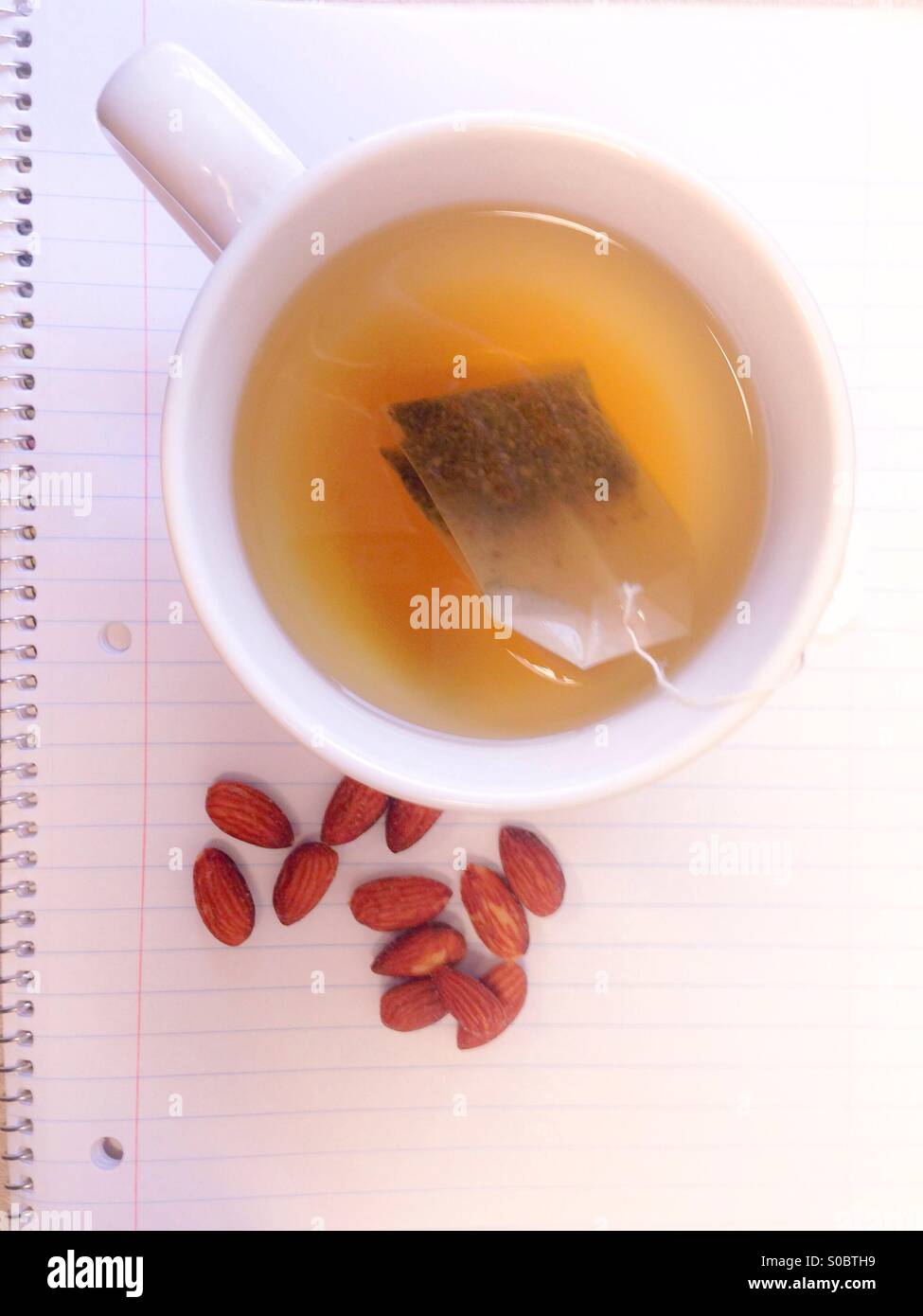 Healthy morning snack of green tea and almonds on a spiral notebook background. Stock Photo