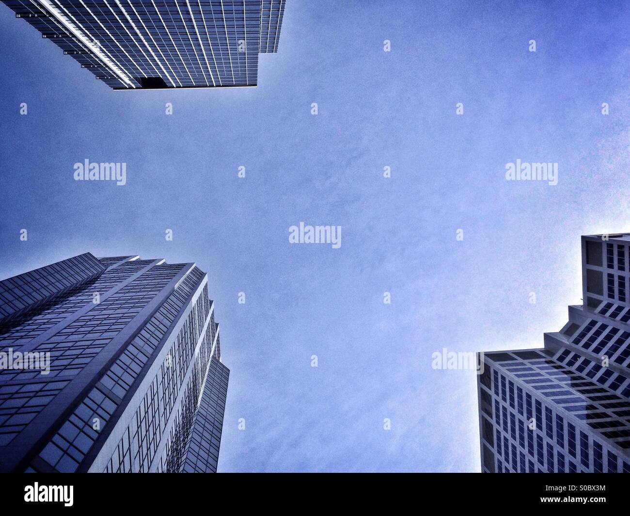 Looking up at city high rise buildings in downtown Calgary, Alberta, Canada. - Smartphone Captured Stock Image