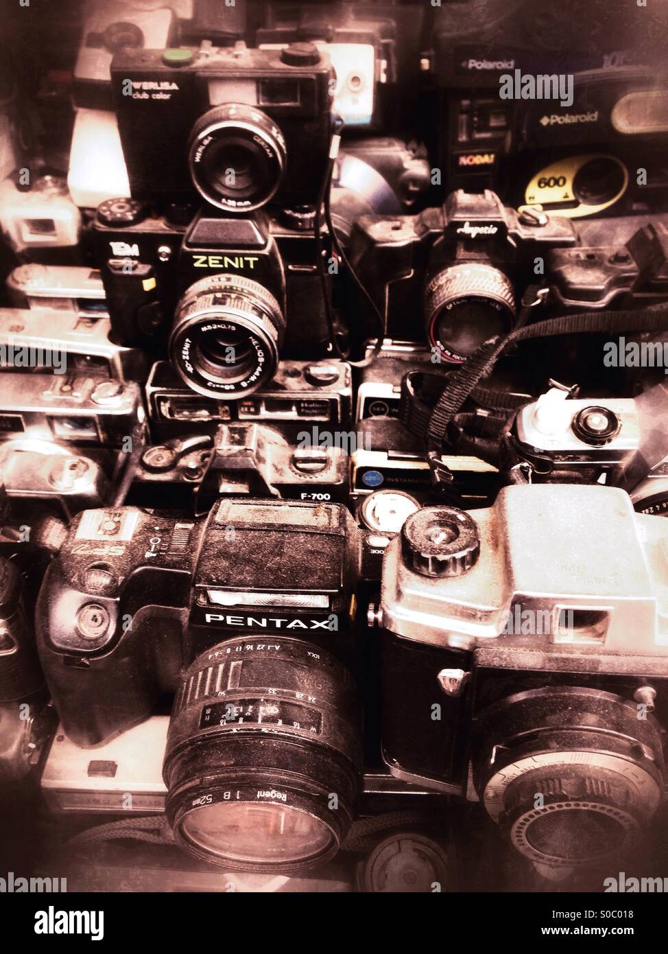 Old cameras for sale in a souk, Marrakech, Morocco. Stock Photo