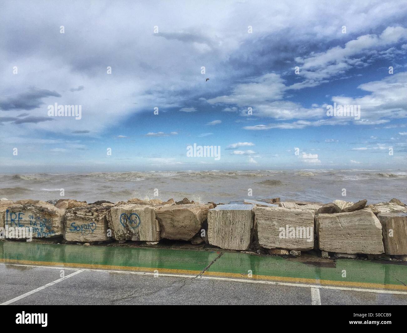 Stormy Adriatic sea during a spring day, march month, San Benedetto del Tronto, Italy - Smartphone Captured Stock Image