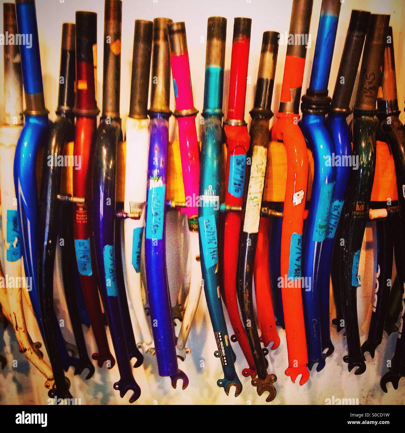 Bicycle forks hanging colorful Stock Photo