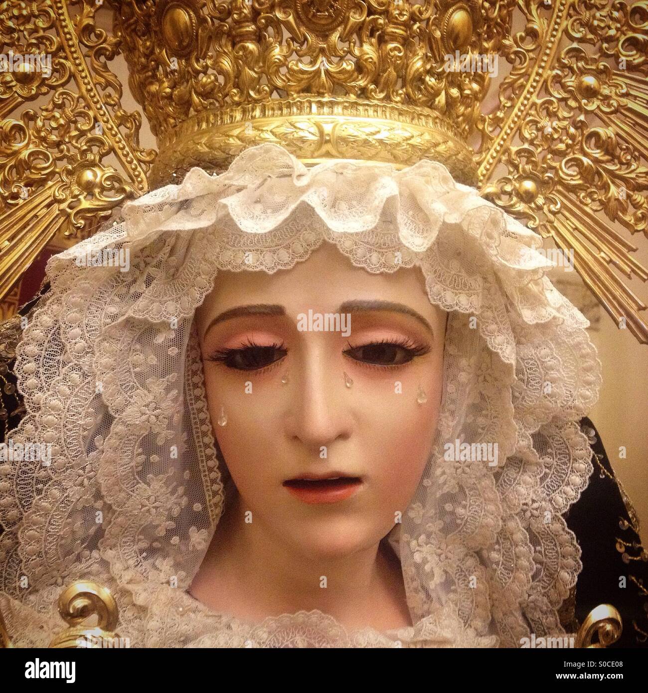 Virgin of Pain in San Pedro church in Prado del Rey, Cadiz, Andalusia, Spain - Smartphone Captured Stock Image
