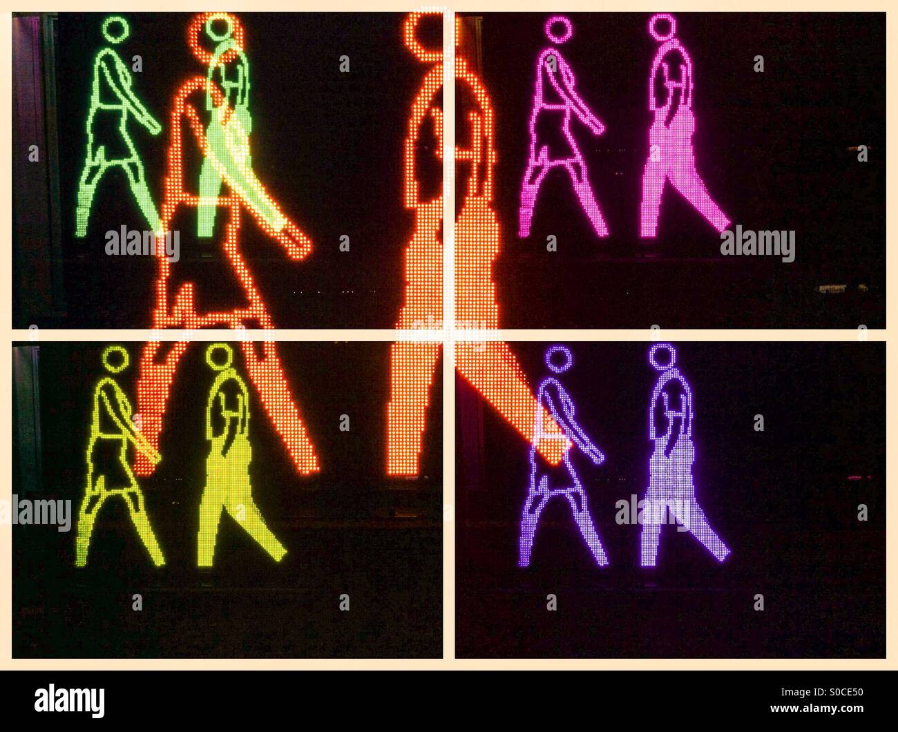 Interaction in animated graphics on a dynamic electronic billboard, Ontario, Canada. Concepts— on the move, Ubuntu, teamwork, shared humanity, crossroads,intersectional, intersectionality. You, me, us - Smartphone Captured Stock Image