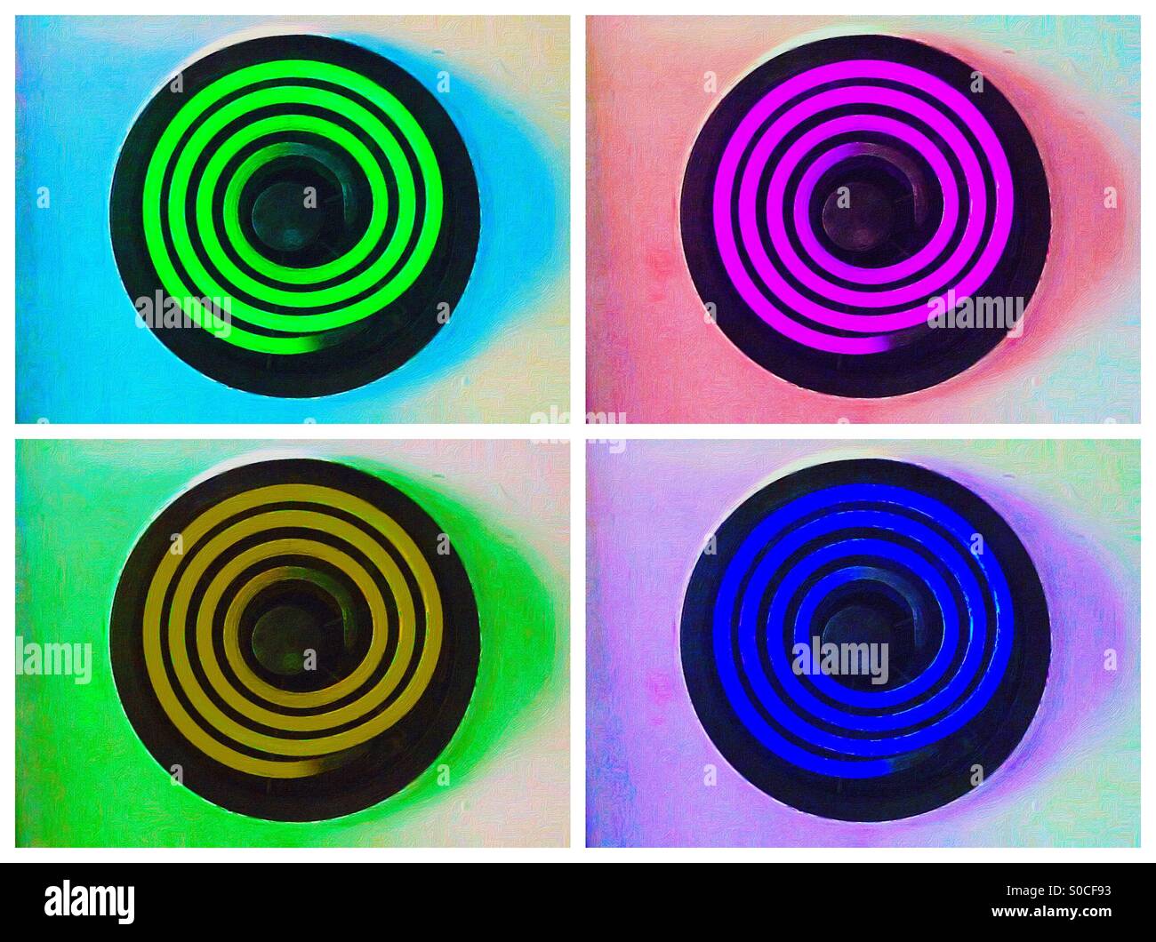 Four elements. Heating coils arranged in four rectangular parts, each a different colour. - Smartphone Captured Stock Image