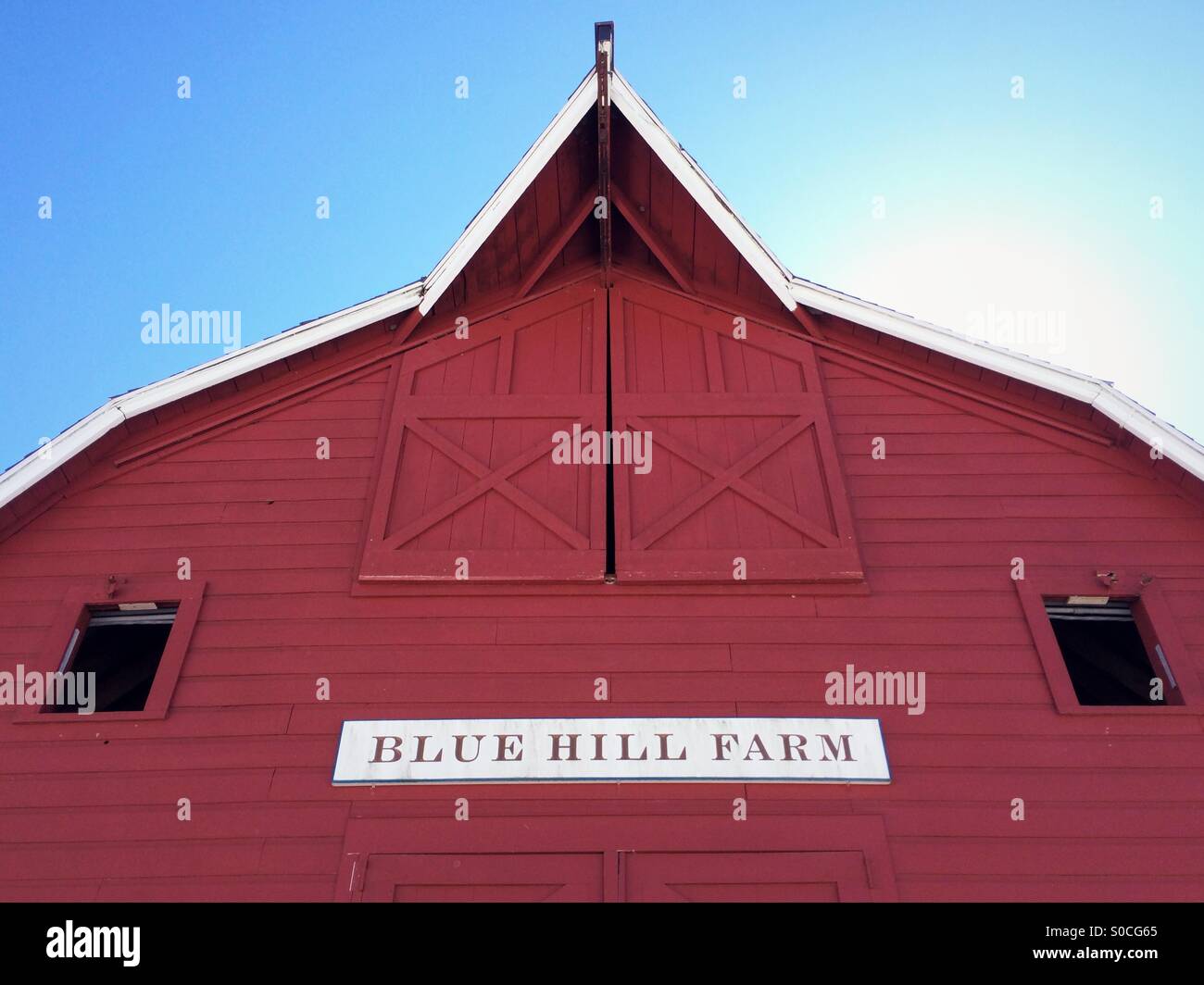 A red barn at Blue Hill Farm in Great Barrington, MA, owned by renowned chef Dan Barber. Stock Photo