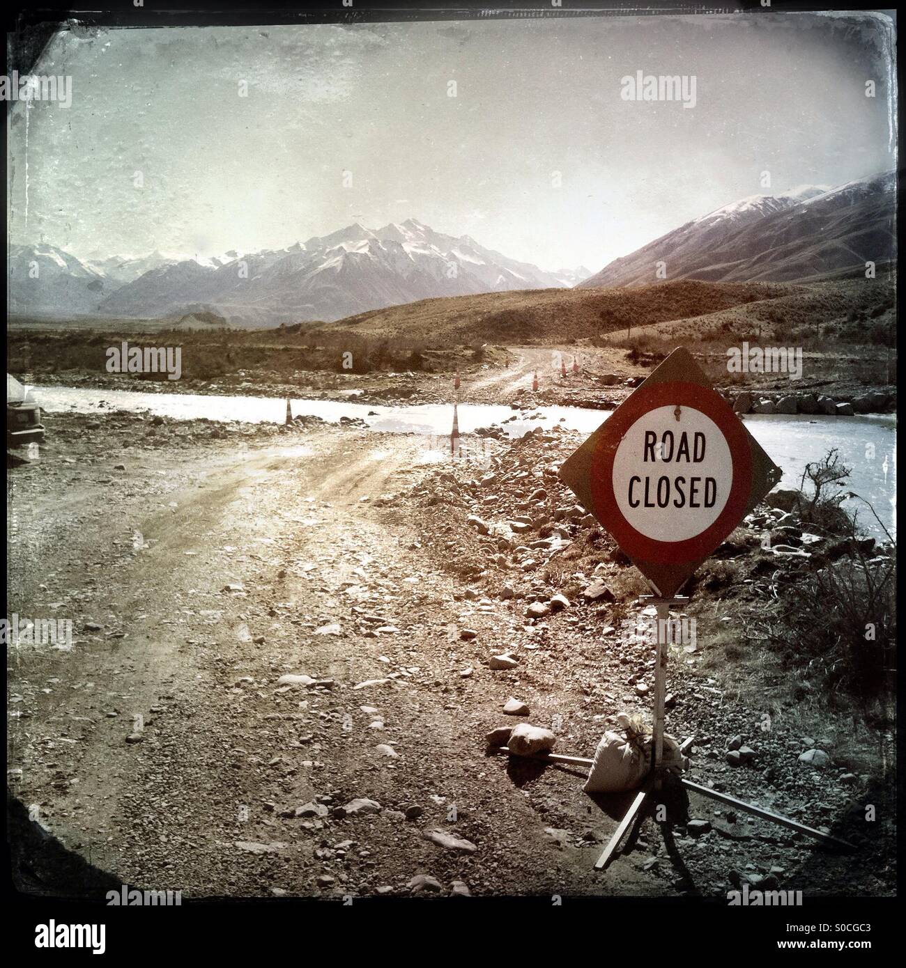 Road closed due to flooding, New Zealand - Smartphone Captured Stock Image