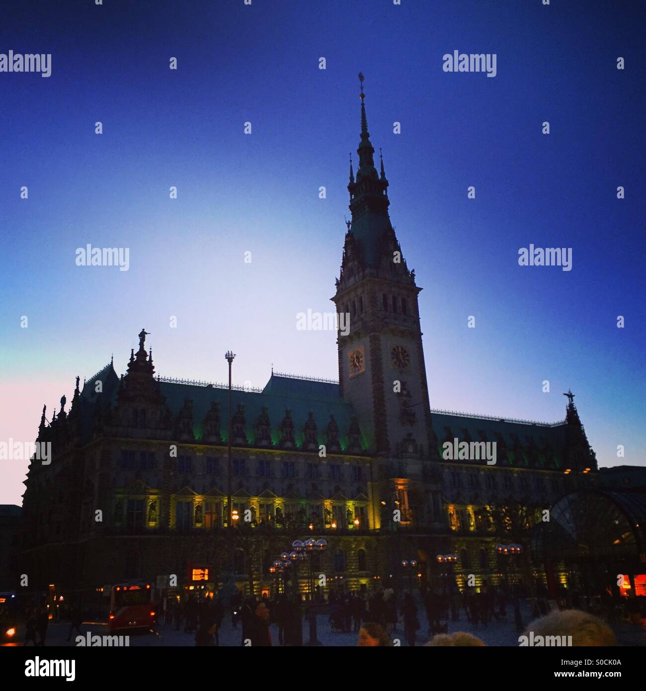 Hamburg's town hall at sunset Stock Photo