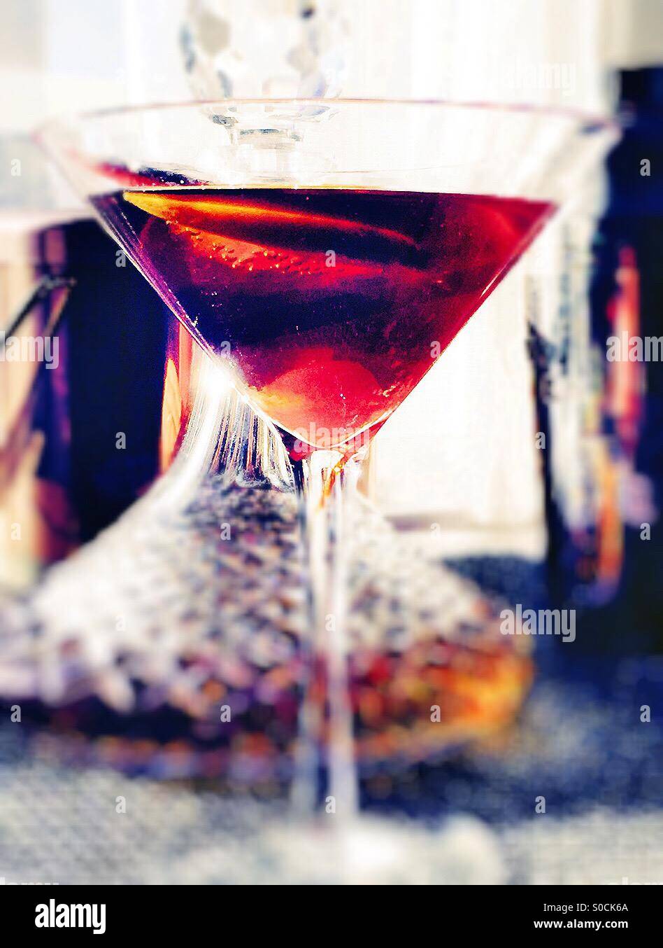 Classic Manhattan Straight Up with Crystal Decanter - Smartphone Captured Stock Image