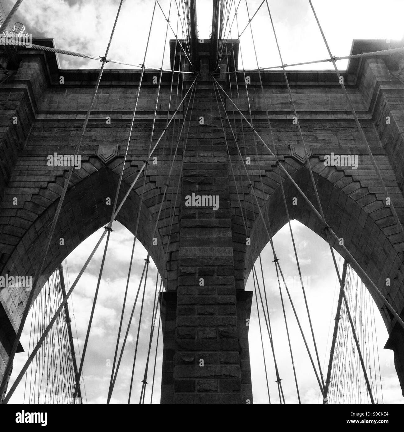 The Brooklyn Bridge photographed in black and white. - Smartphone Captured Stock Image