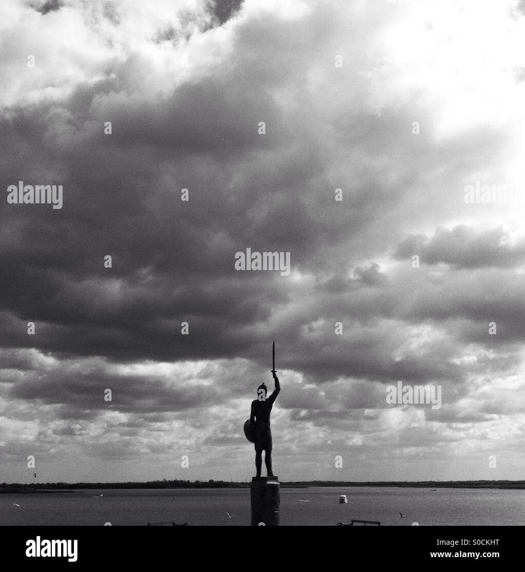 Statue of Byrhtnoth the Earldorman of Essex on the promenade at Maldon - Smartphone Captured Stock Image