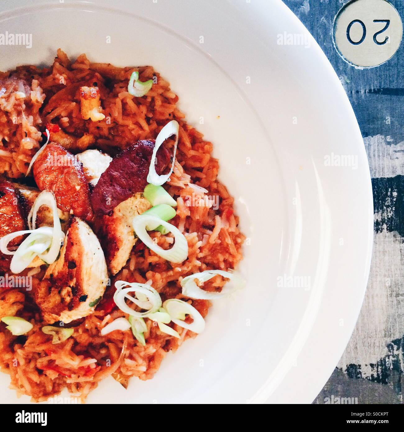 Jambalya with peppers, crayfish, chicken, chorizo and spring onions - Smartphone Captured Stock Image