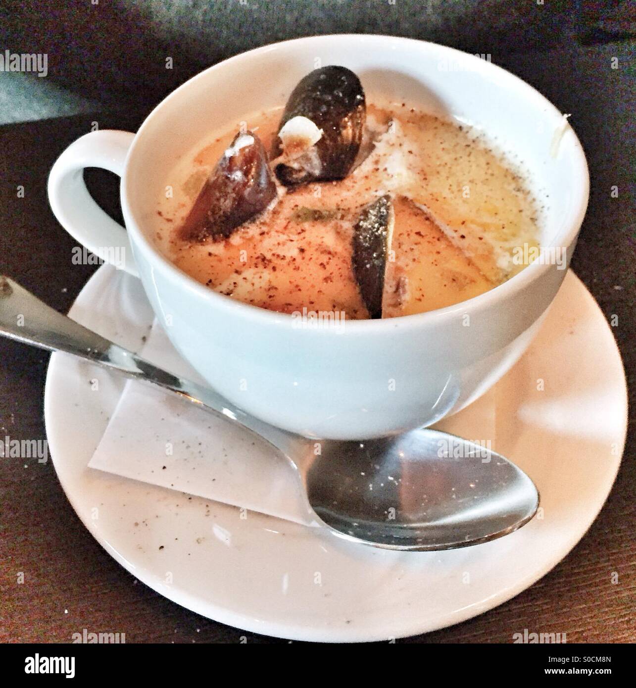 Seafood chowder with mussels, lobster, scallop and shrimp. - Smartphone Captured Stock Image