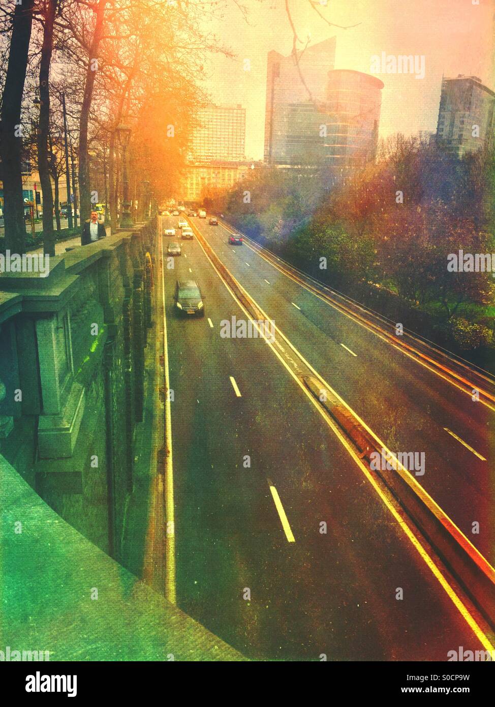 Morning sun over road in the city - Smartphone Captured Stock Image