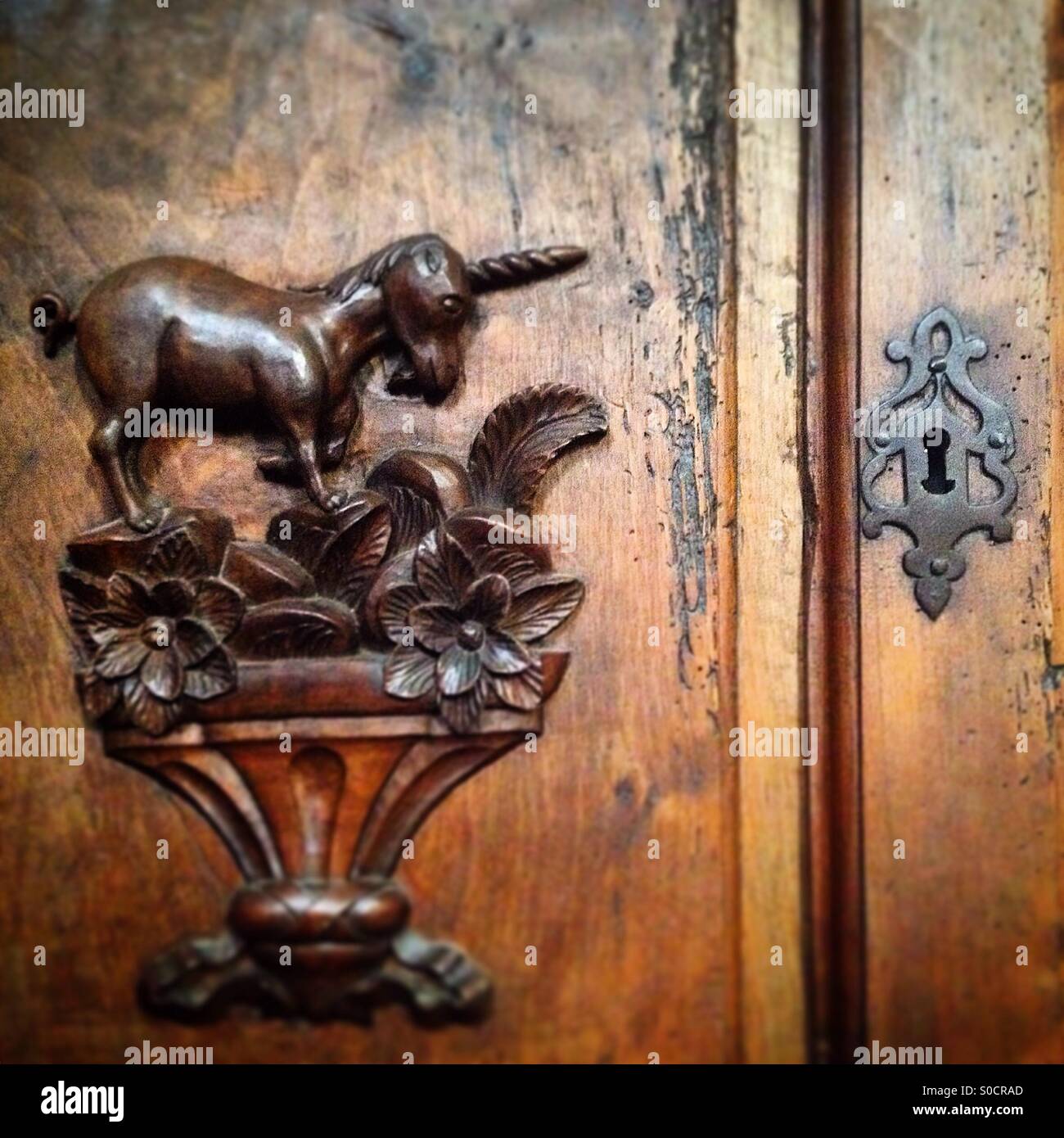 An unicorn decorates a piece of furniture in the Cathedral of Trujillo, Caceres, Extremadura, Spain - Smartphone Captured Stock Image