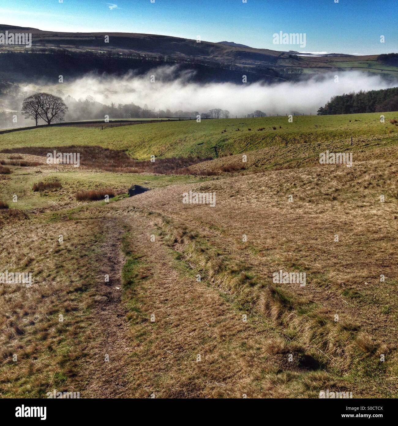 Wildboarclough in Cheshire shrouded in mist. Stock Photo