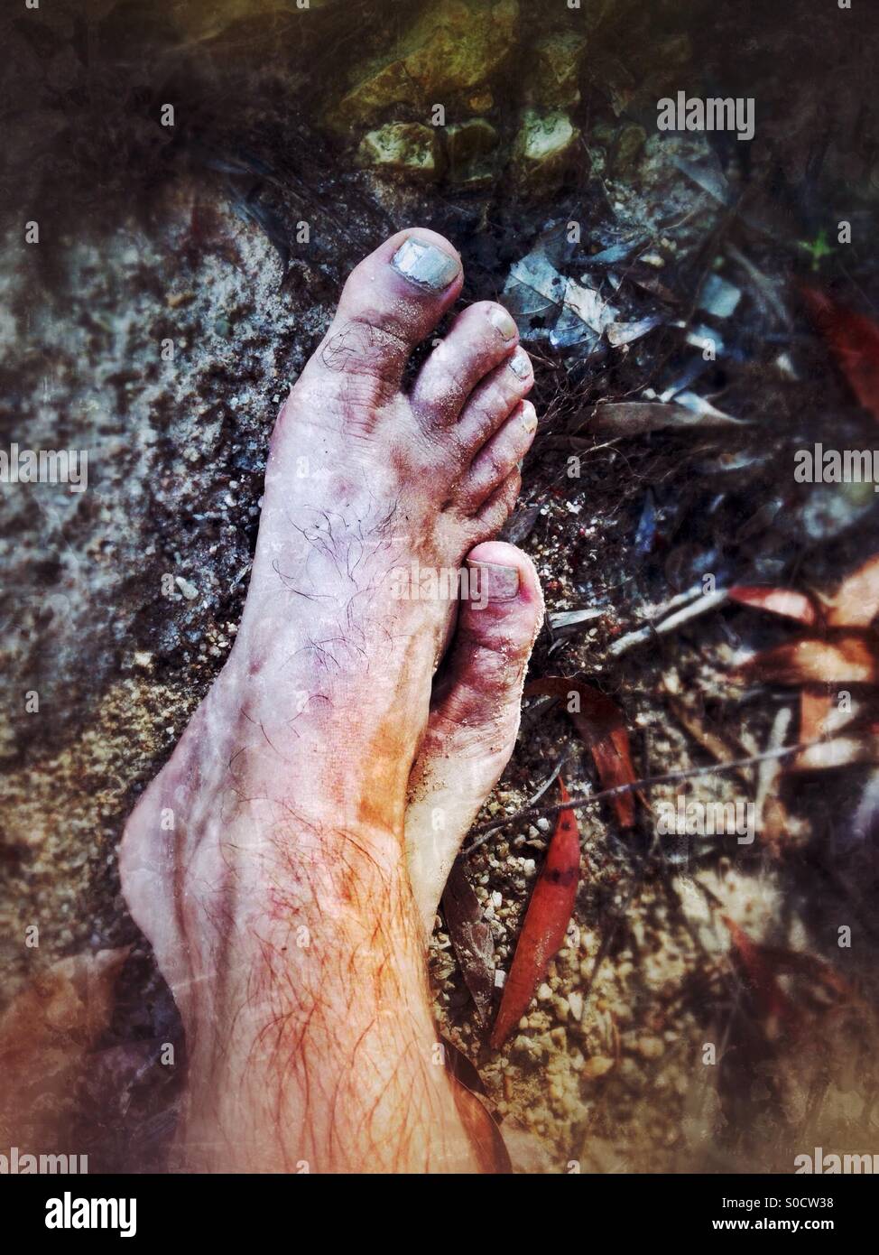 Man feet with varnished toenails. Stock Photo