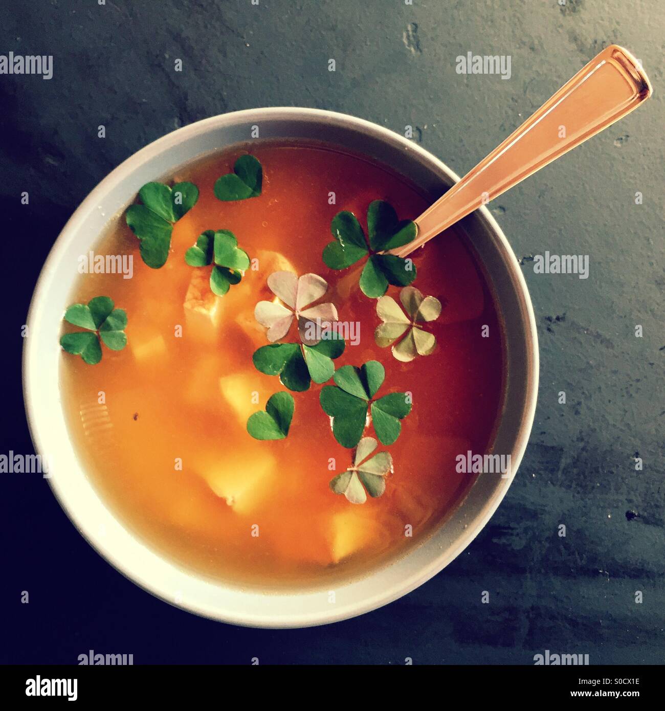 Bowl of miso soup with spoon Stock Photo Alamy