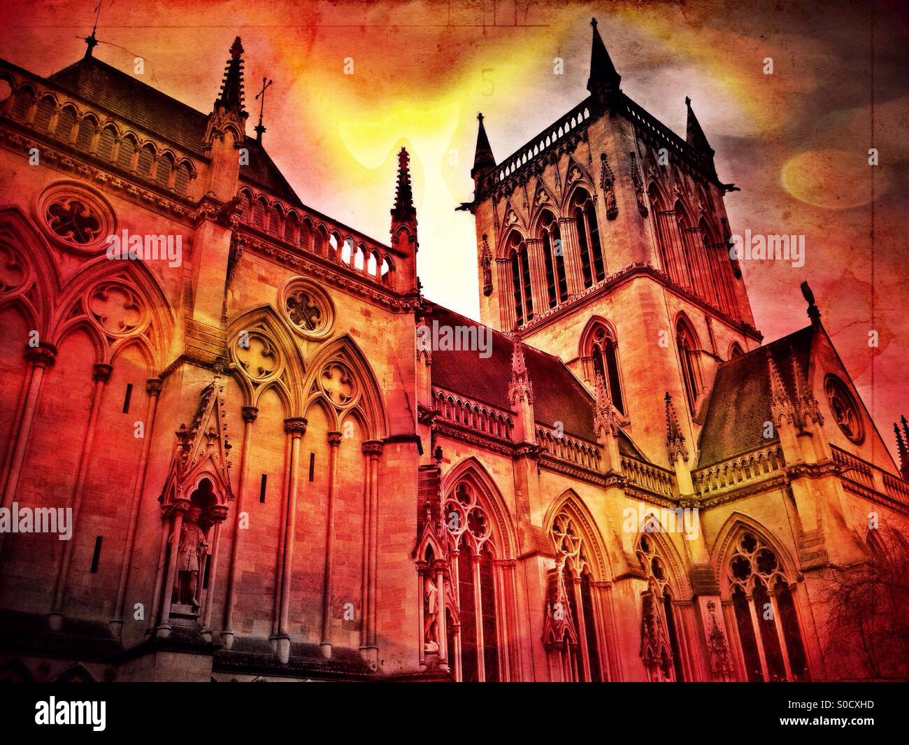 A Creative View using Reds and Yellows, of the Chapel of St. John's College, University of Cambridge, Cambridge, England, United Kingdom. - Smartphone Captured Stock Image