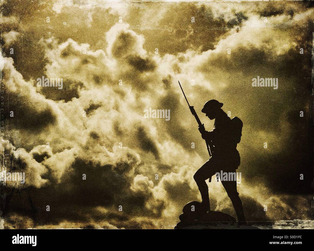 Statue of soldier in silhouette against dramatic Sky - Smartphone Captured Stock Image