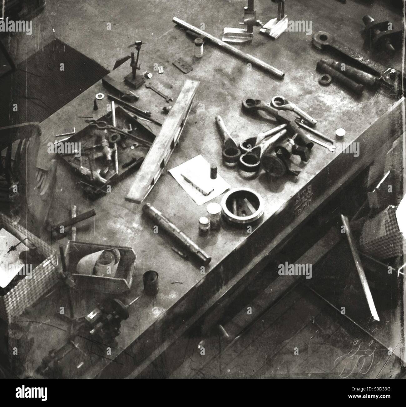 Aerial view of a workman's tool bench Stock Photo
