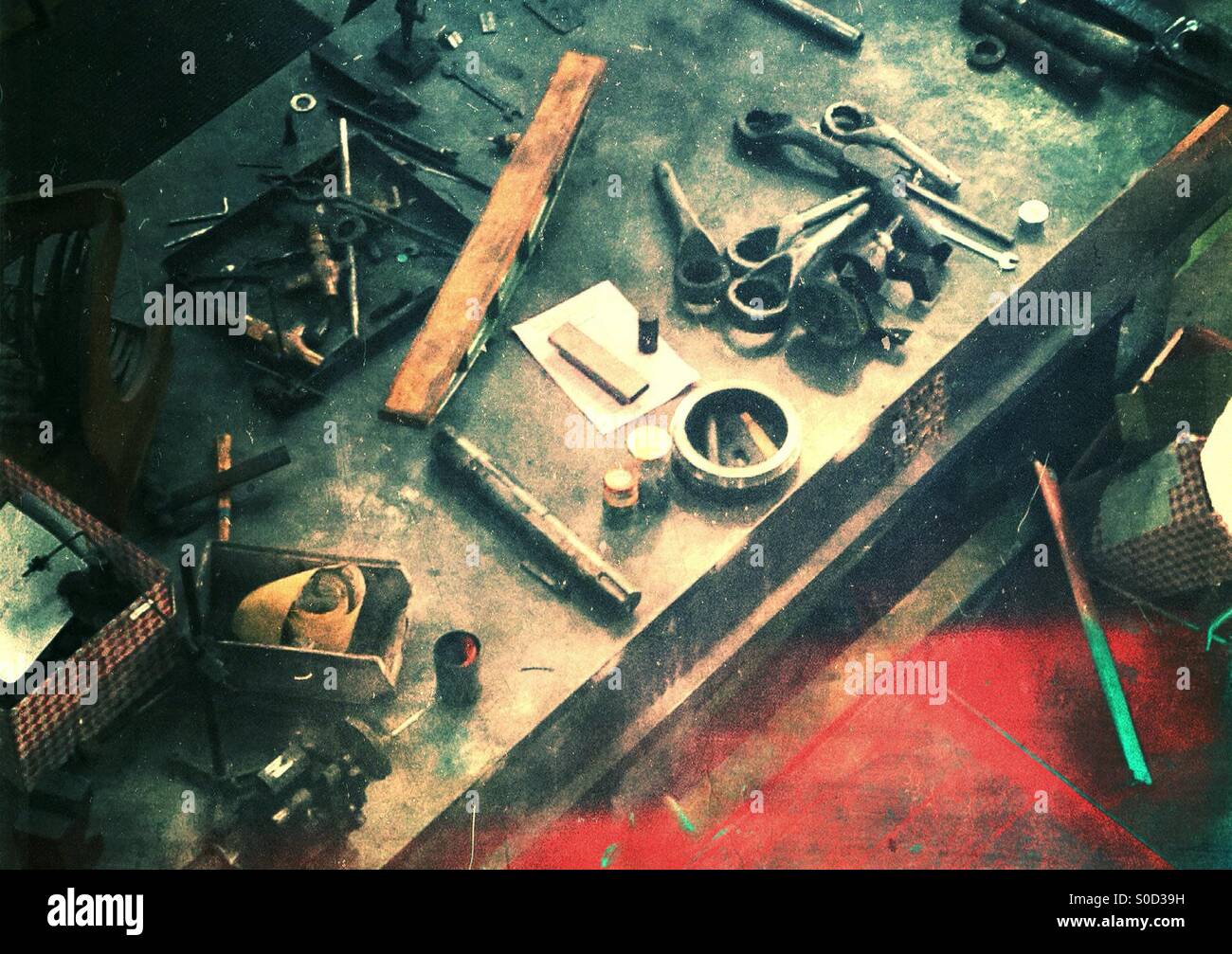 Aerial view of a workman's tool bench Stock Photo