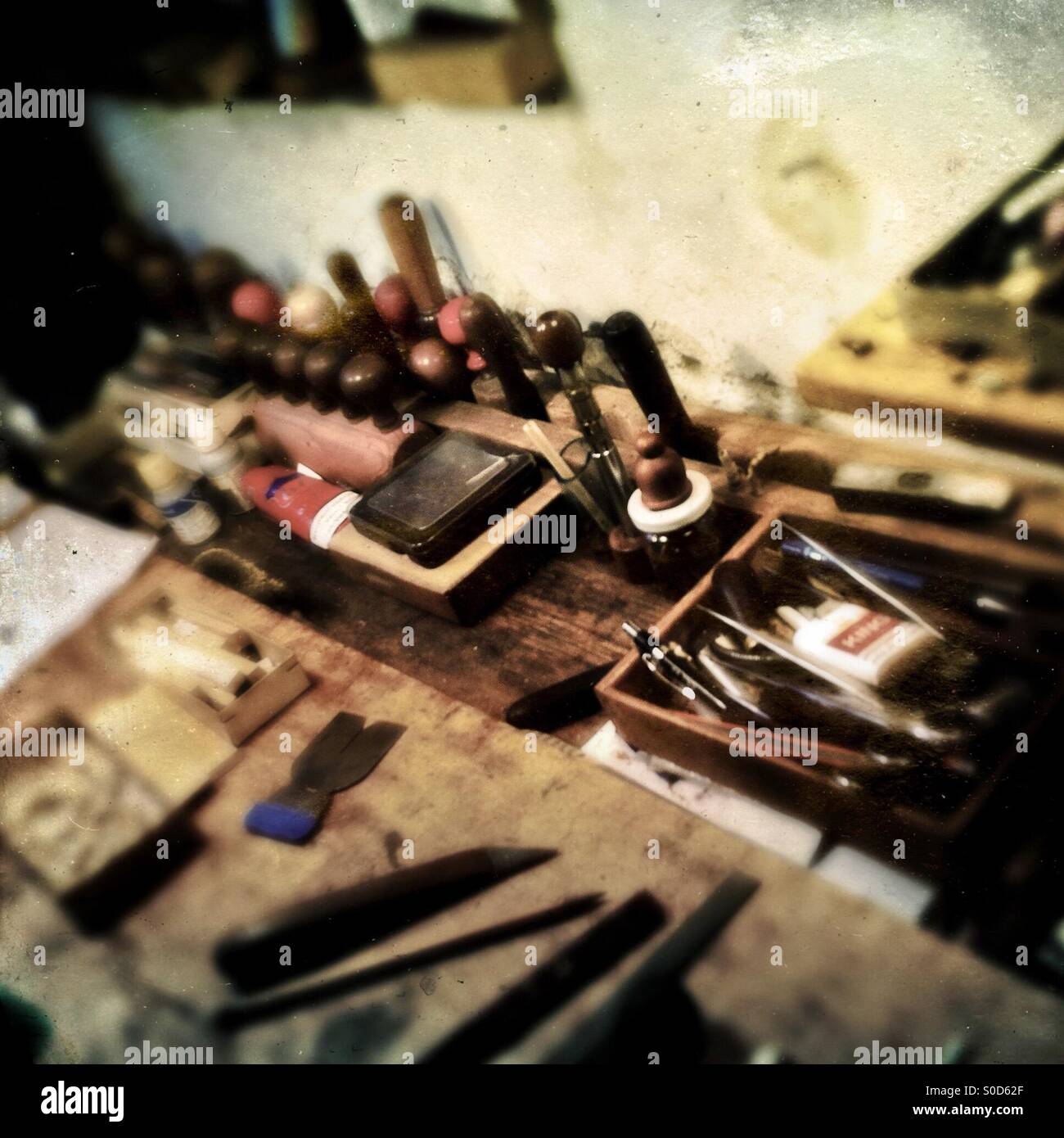 A workbench, with fine craft tools on it, is seen in Jan Madiara's bowmaker workshop in Karlovy Vary, Czech Republic, 17 September 2013. Stock Photo