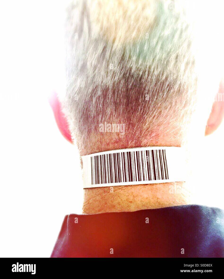 Senior man with bar code on neck - Smartphone Captured Stock Image