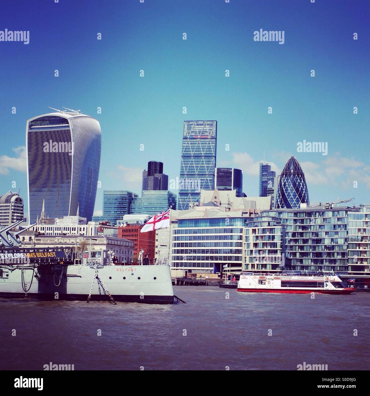 London, The City, with the HMS Belfast on the river Thames. - Smartphone Captured Stock Image