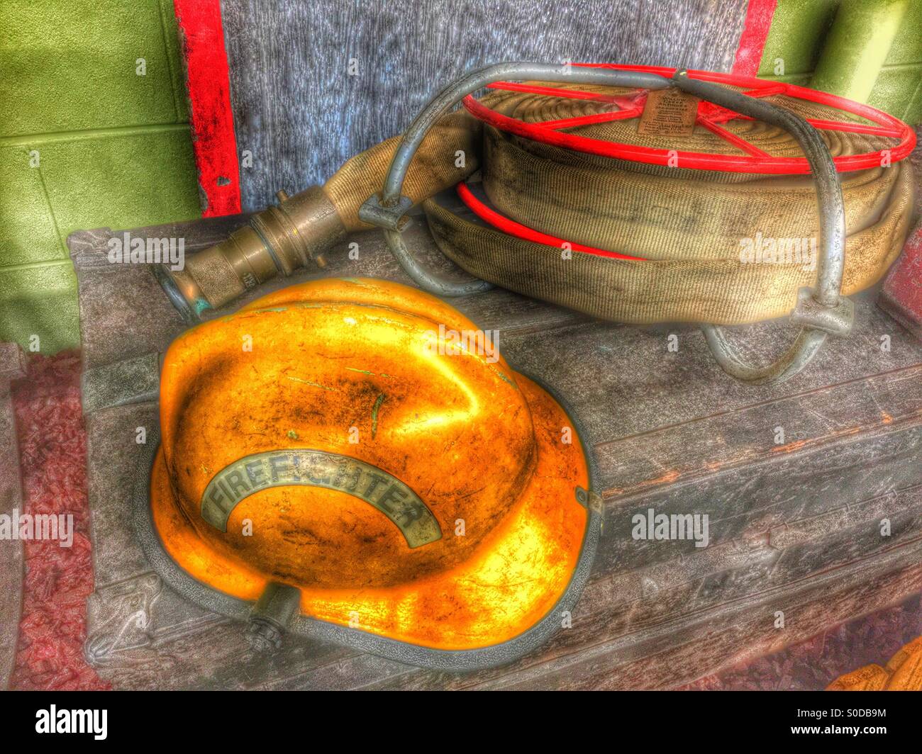 Vintage Fireman Helmet and Hose Stock Photo Alamy