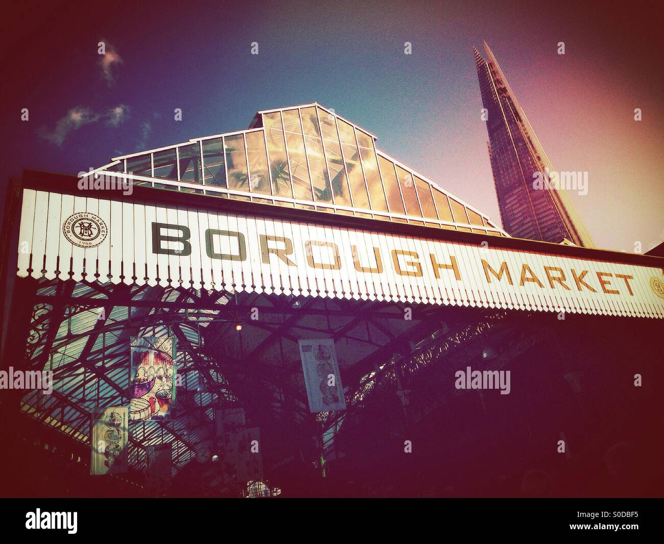 Borough Market main hall, with Shard in background, South Bank, London Stock Photo