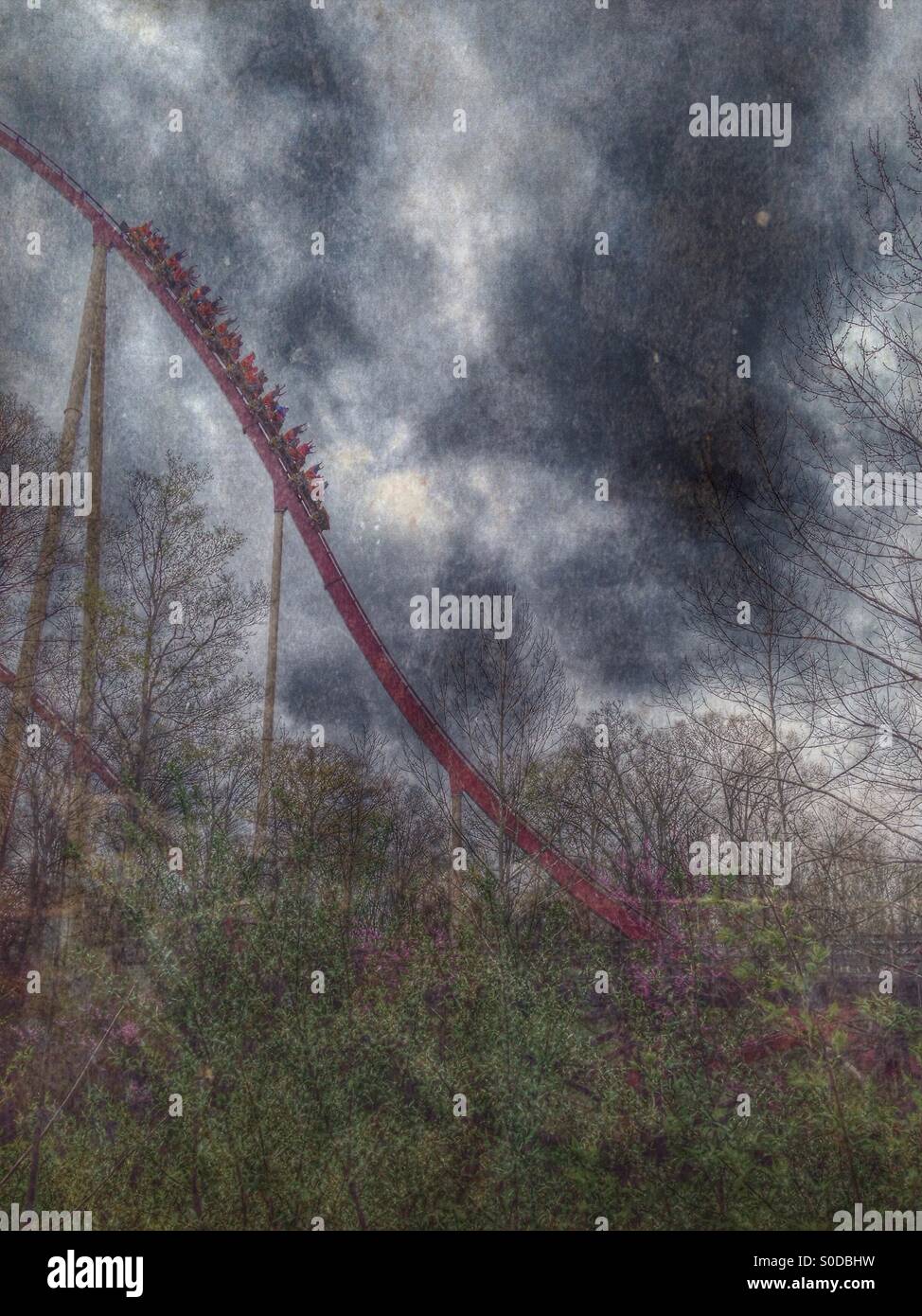 It's all down hill from here. A roller coaster ride at Kings Island amusement park. - Smartphone Captured Stock Image