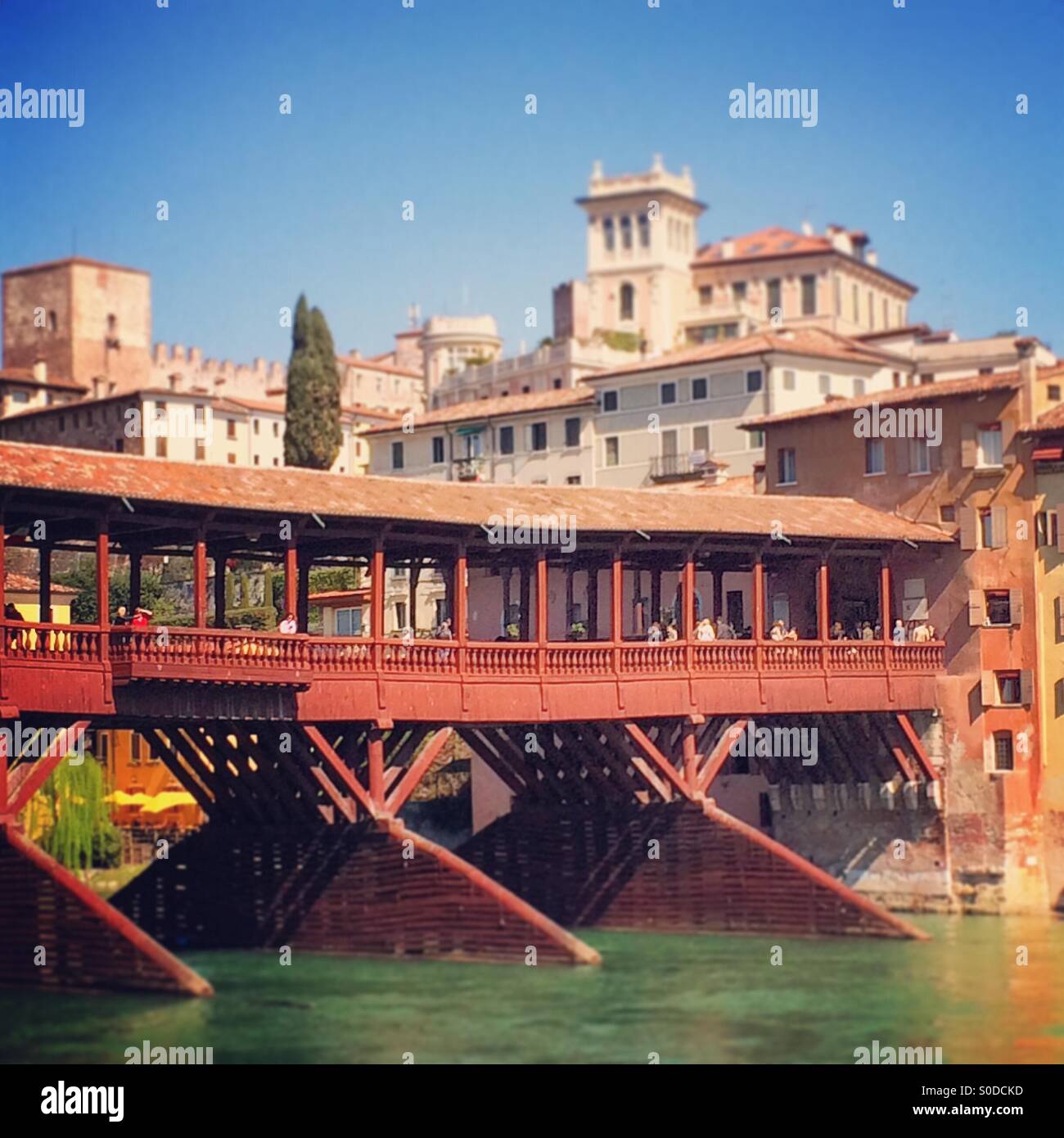 Historical wooden bridge in Bassano Delhi Grappa, Veneto, Italy - Smartphone Captured Stock Image
