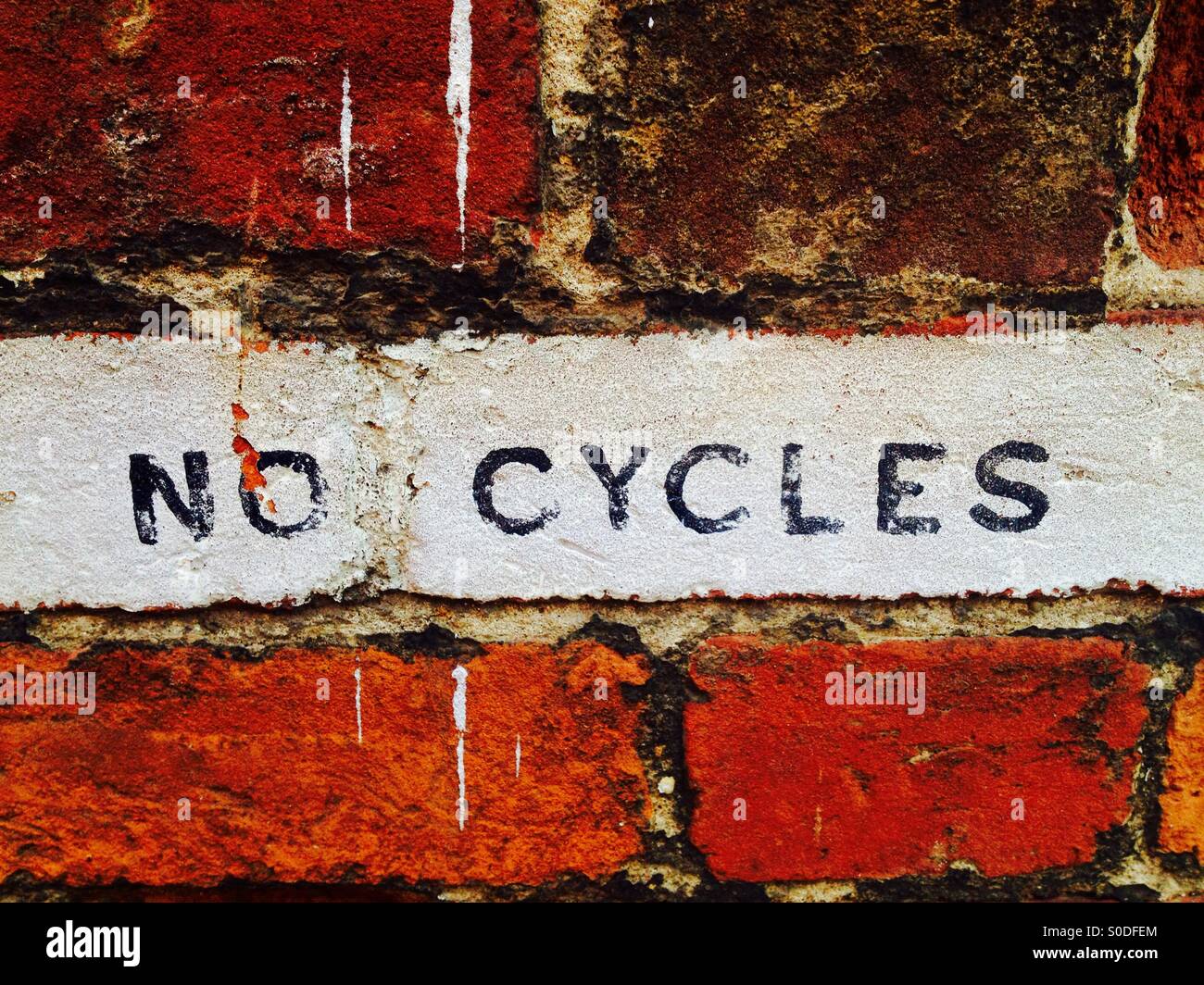 No cycles painted sign, Woodbridge, Suffolk, UK. - Smartphone Captured Stock Image