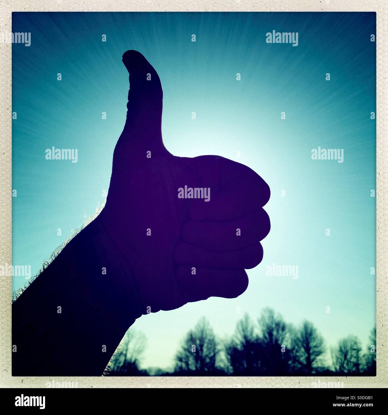 Big thumbs up silhouette in morning rays of sunshine Stock Photo