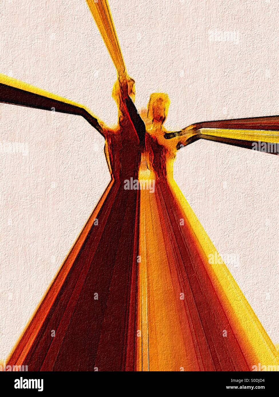 Painted man woman. A soaring, vertical image of a male,female couple. Conceptual: lofty, ascending, ambition, teamwork, togetherness. - Smartphone Captured Stock Image