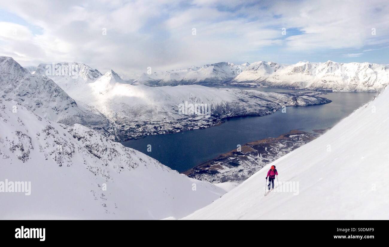 Skier climbing a mountain, Lyngen Alps, Troms, Norway - Smartphone Captured Stock Image