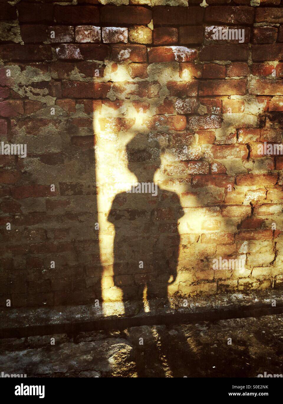 Shadow of a little boy on a brick wall Stock Photo