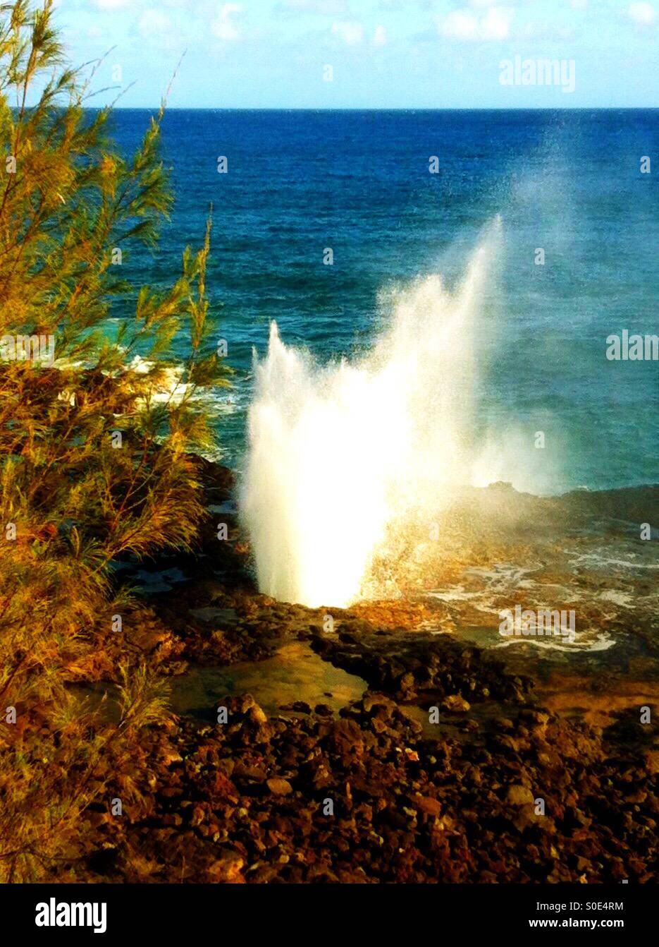 Seawater exploding gusher through lava blow hole, created from an extinct volcano and millennia of pounding waves - Smartphone Captured Stock Image