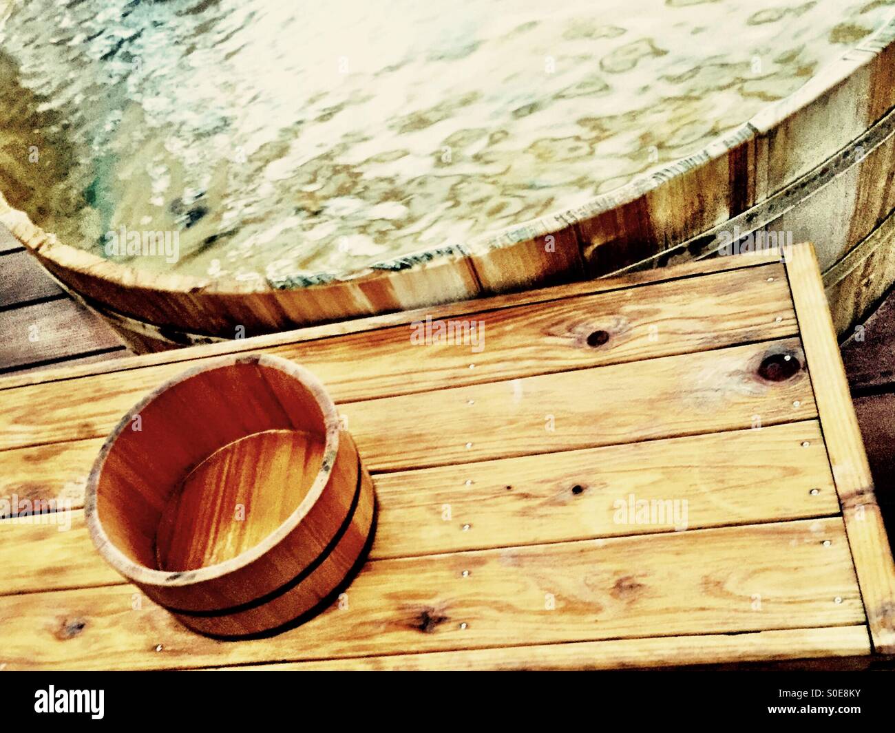 Cedar Wood Deck Bucket Bench And Tub Filled With Natural Hot