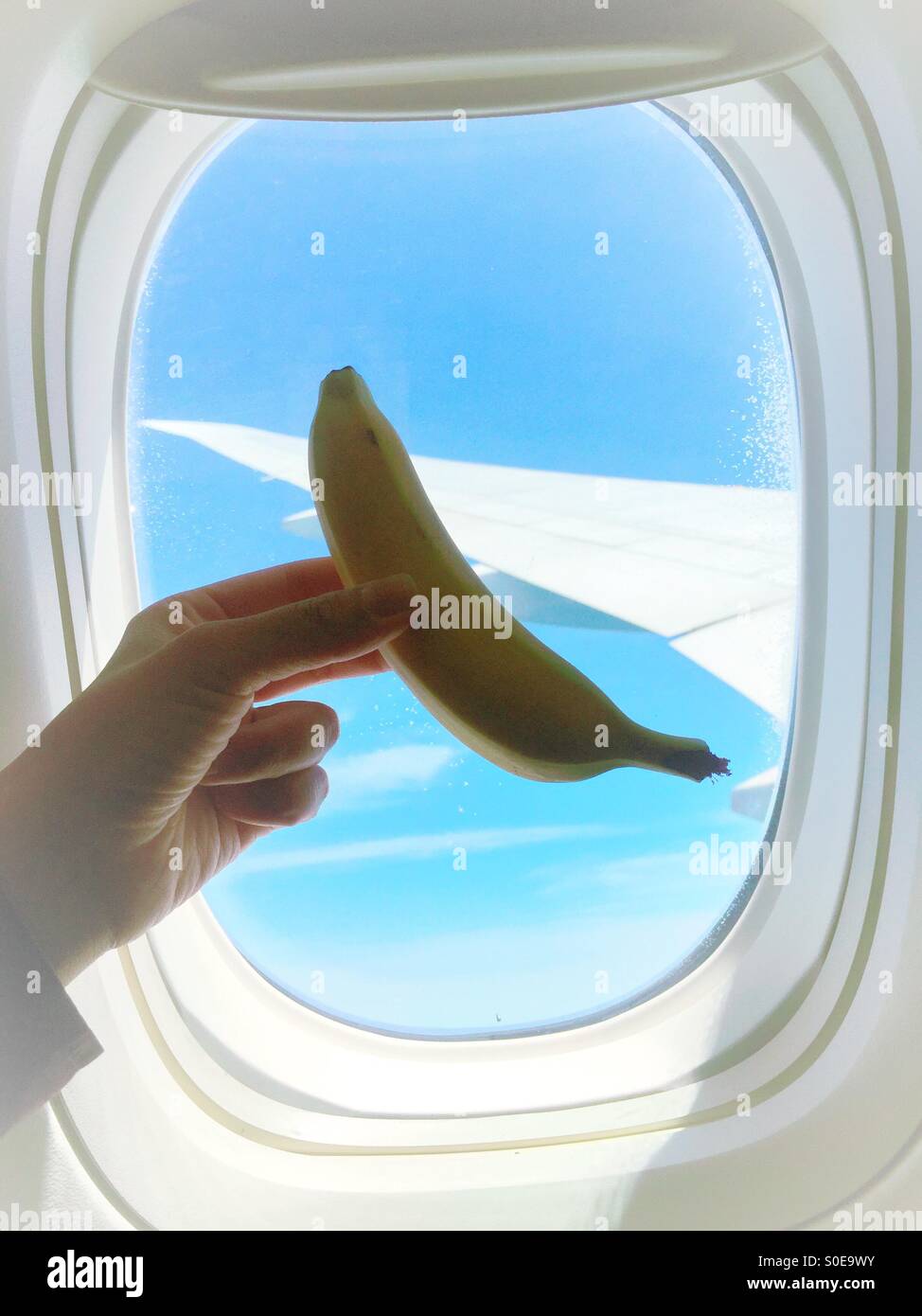 Banana in the sky. Airplane window with wing and blue sky in background and in foreground hand holding banana served as part of in-flight breakfast. Stock Photo