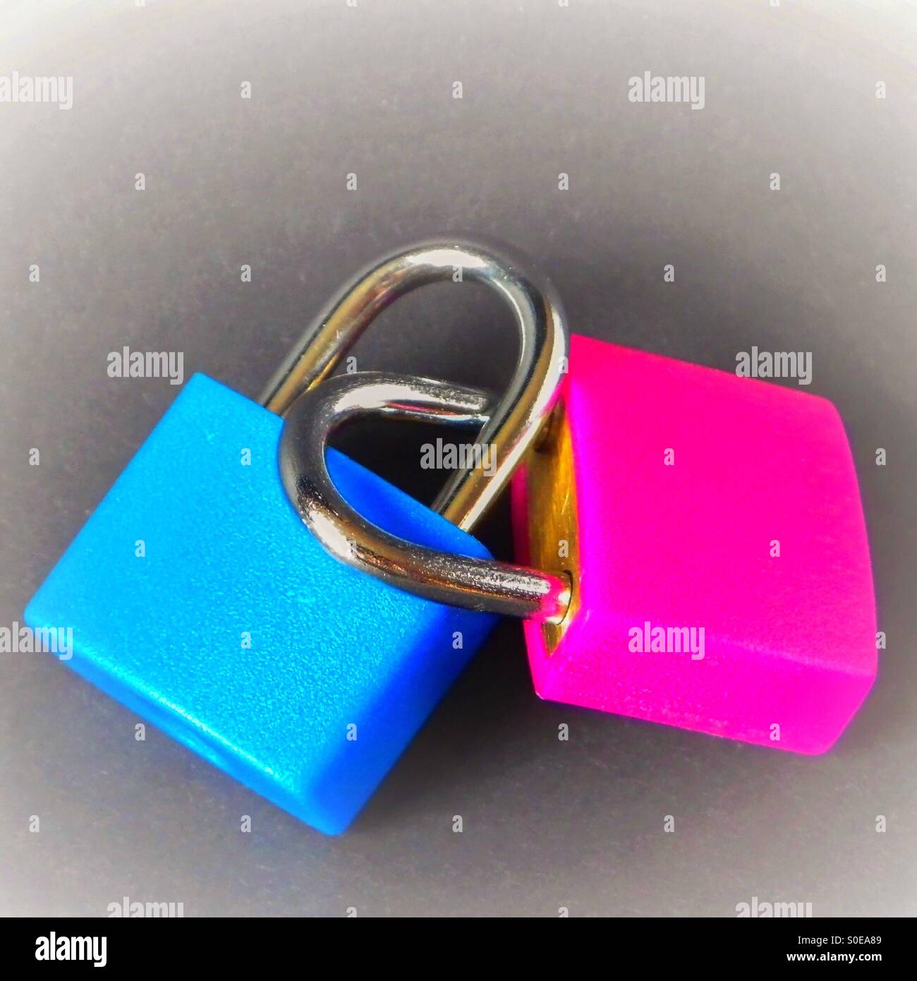blue and pink padlocks locked together - Smartphone Captured Stock Image