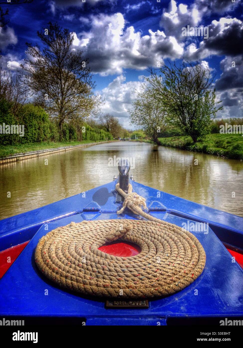 Bow of a traditional narrowboat on the South Oxford Canal near Cropredy, Oxfordshire, England. - Smartphone Captured Stock Image