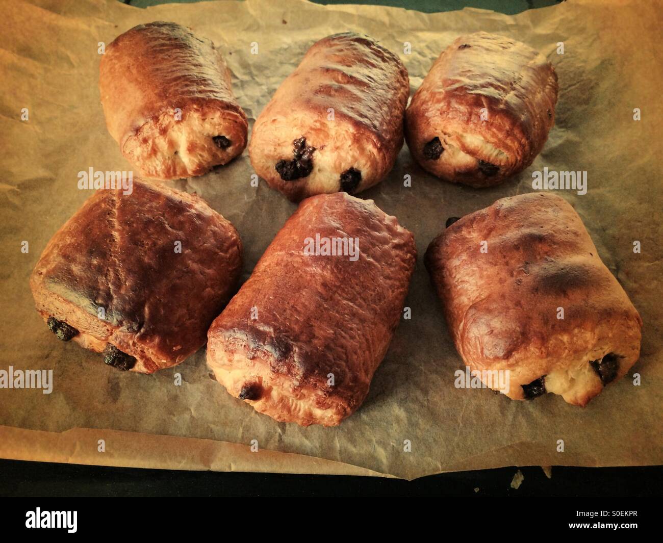 Freshly baked Pain au Chocolat on a tray - Smartphone Captured Stock Image