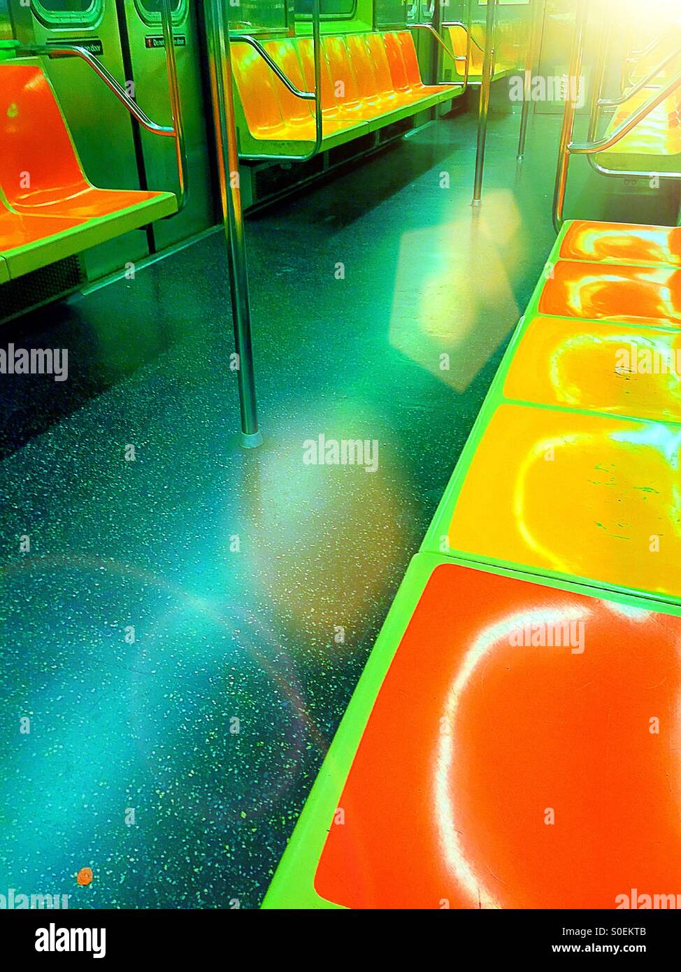 Empty brightly lit subway car interior. 6 line NYC - Smartphone Captured Stock Image