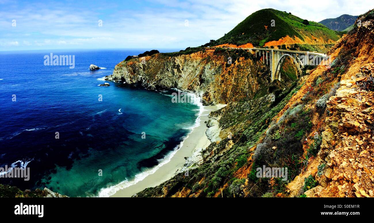 USA, California, Big Sur, Pacific Coastline, Bixby Bridge, Highway 1, Bixby Creek, Canyon and Beach - Smartphone Captured Stock Image