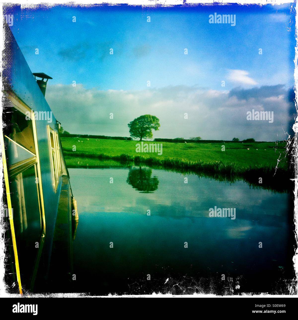 View from a narrowboat on Lancaster canal - Smartphone Captured Stock Image